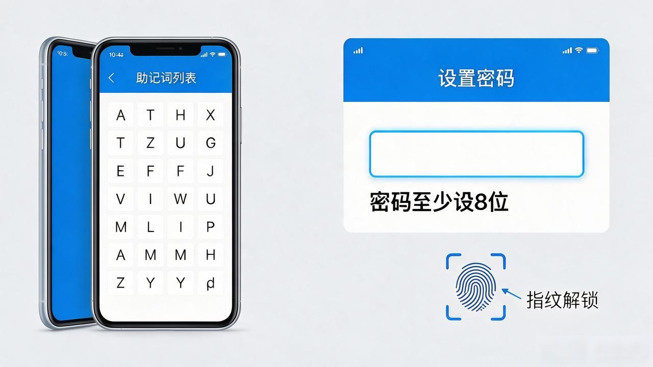 比特派钱包怎么登录？打开APP逐个点助记词，密码至少设8位